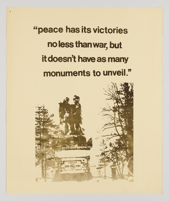 A peace quote about victories contrasted with war appears above a war memorial statue.