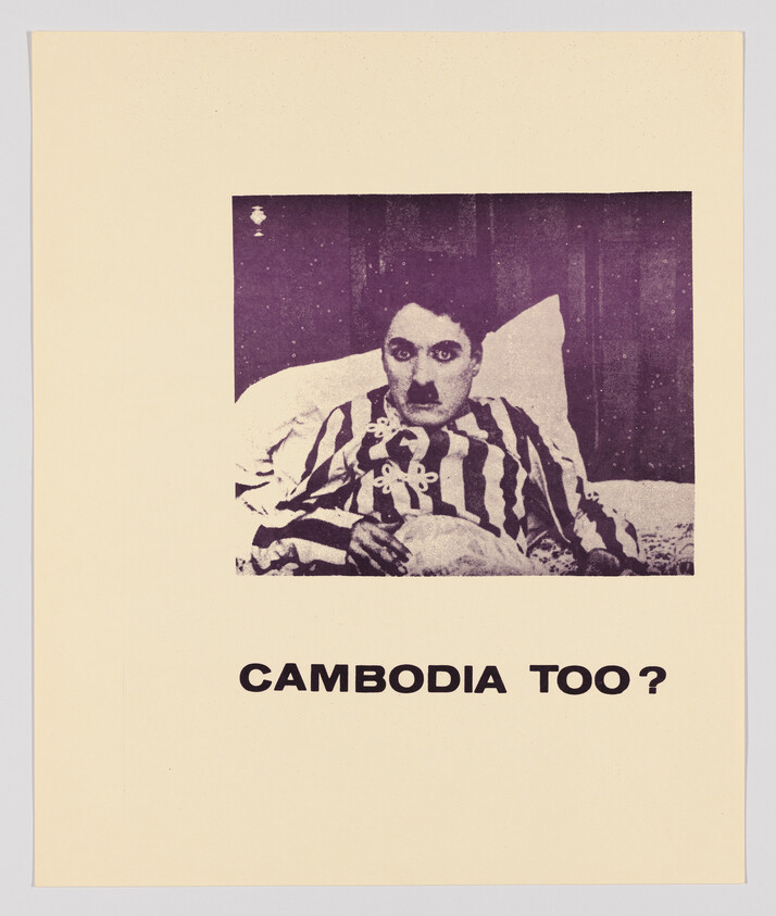 A vintage-style poster featuring a person in a striped prisoner's uniform holding a doll, with a surprised expression on their face. Below the image is the text "CAMBODIA TOO?" in bold, black letters. The background is a pale yellow, and the image has a grainy texture, suggesting it may be an older print or designed to appear that way.