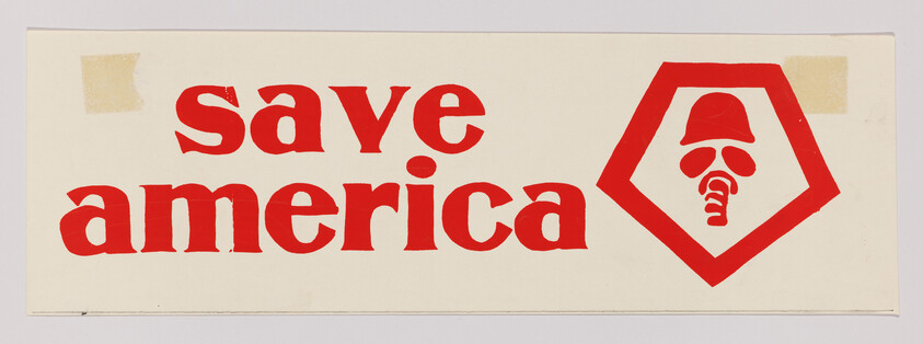 A red "save america" sticker with bold text and a red gas mask icon on a white background.