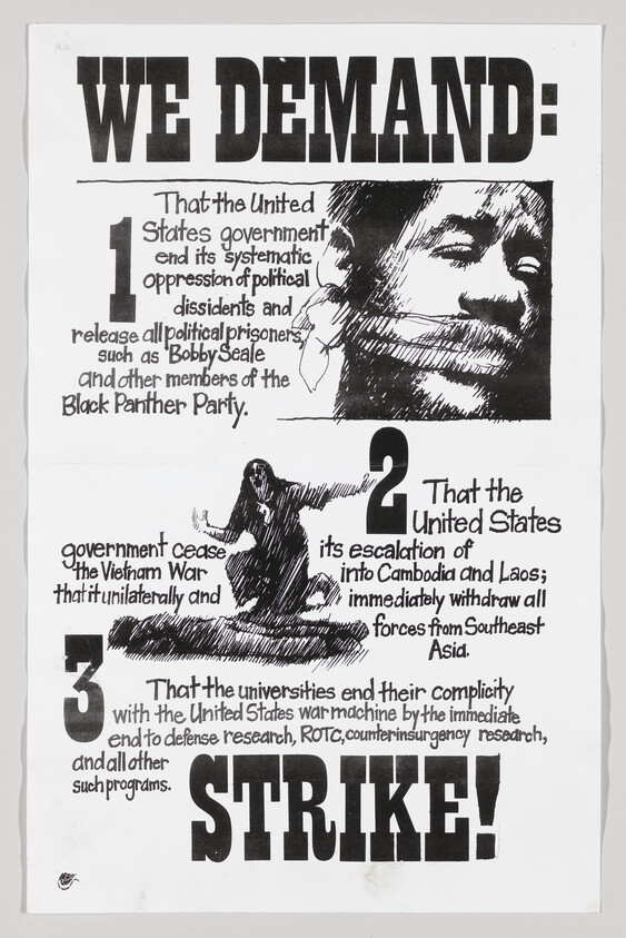 Bold protest poster listing three demands against government oppression, Vietnam War escalation, and calling for strike.