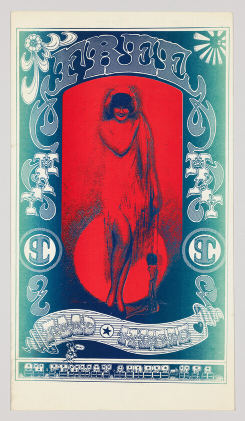A red silhouetted draped performer standing before a circular backdrop within a decorative teal poster frame.