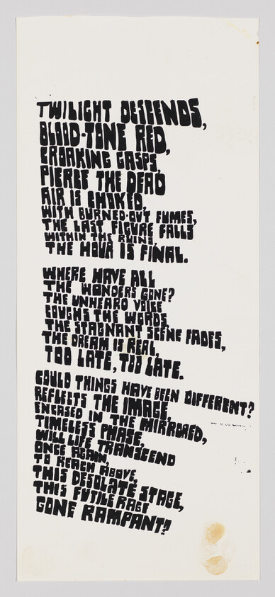 Hand-drawn block-letter poem printed on tall white paper with two small stains at the bottom.