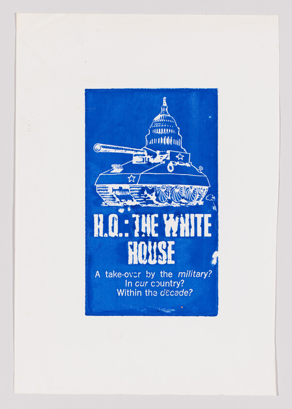 Blue poster showing a tank with the Capitol dome and the headline "H.Q.: The White House."