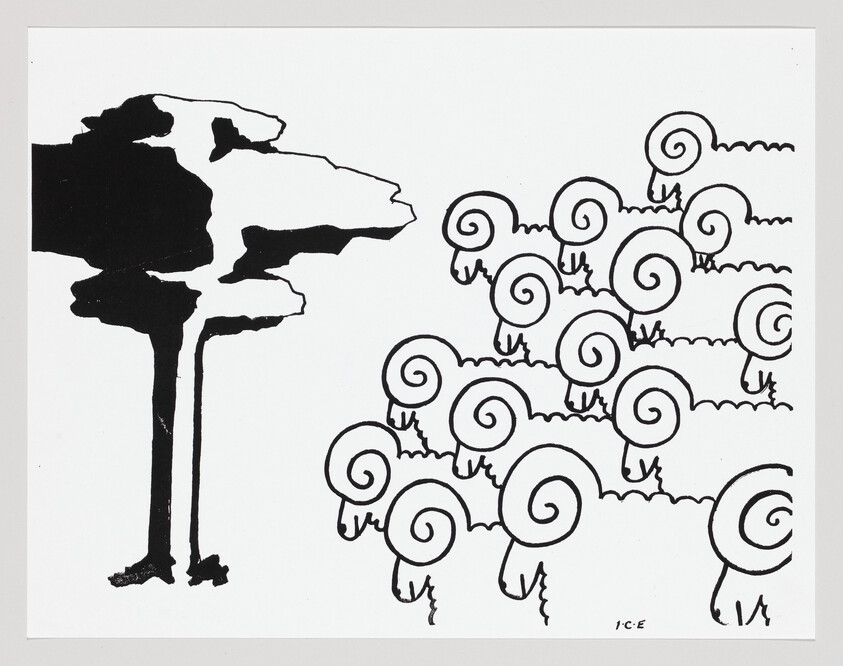 A tall black tree stands left while a group of simple spiral-shelled sheep crowd the right.