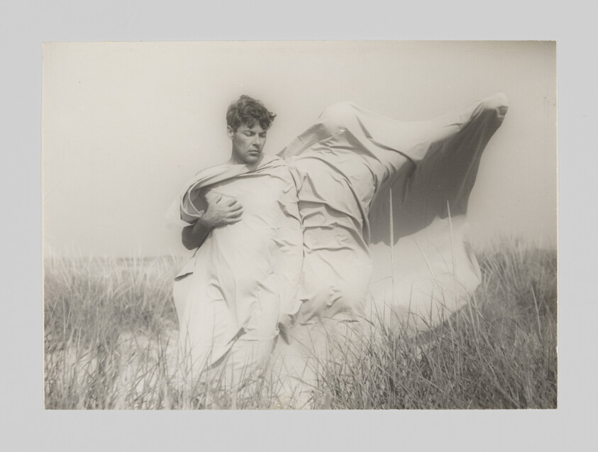 Person standing in tall grass, holding a large, flowing sheet in the wind.