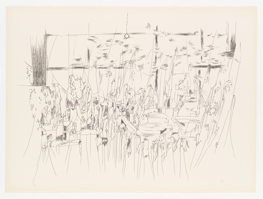 Detailed fine-line sketch of tangled vertical stems and abstract reflections suggesting plants and water.