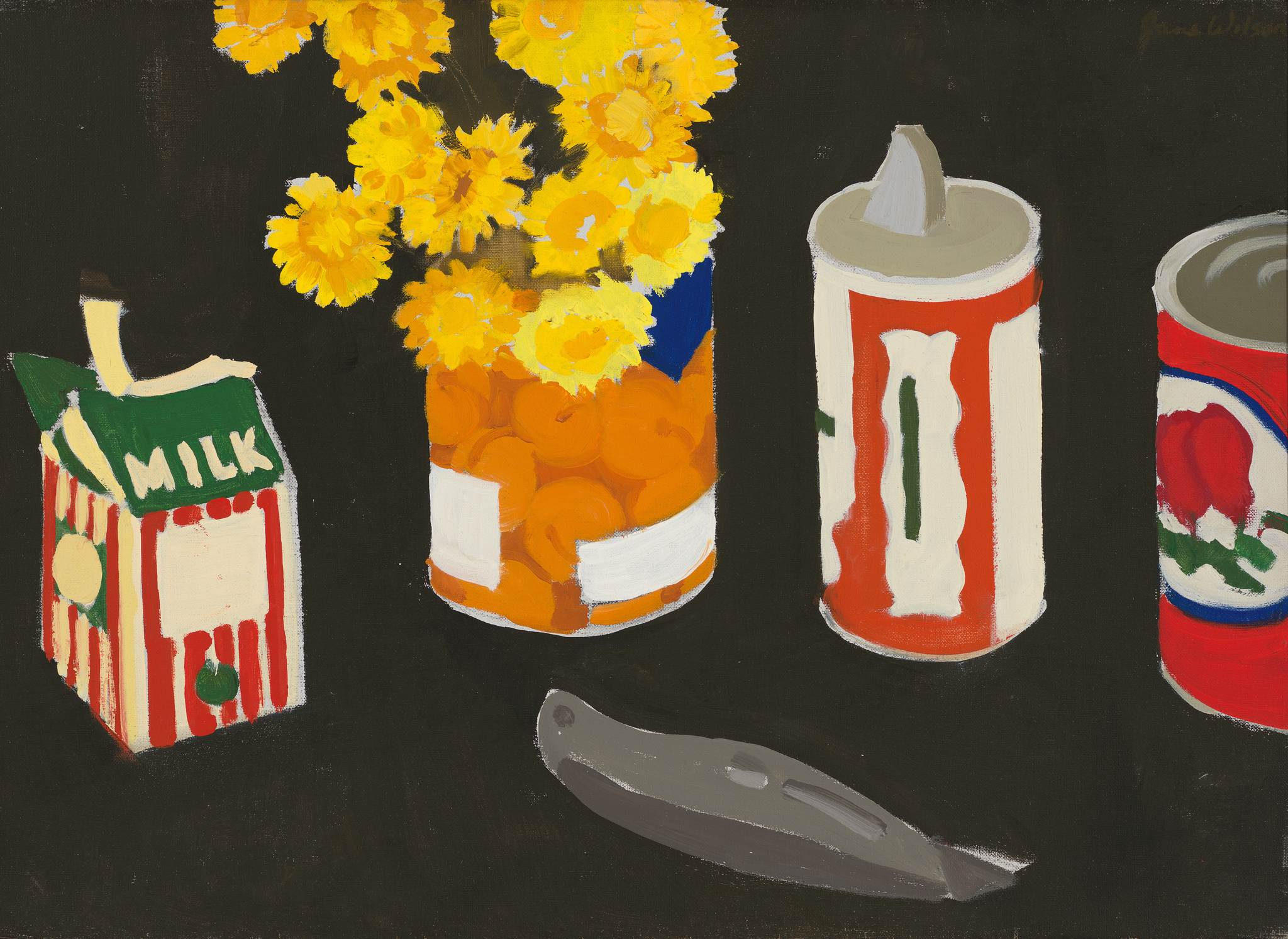 A row of colorful food cans and cartons, one holding yellow flowers, with a pocket knife placed in front of them.