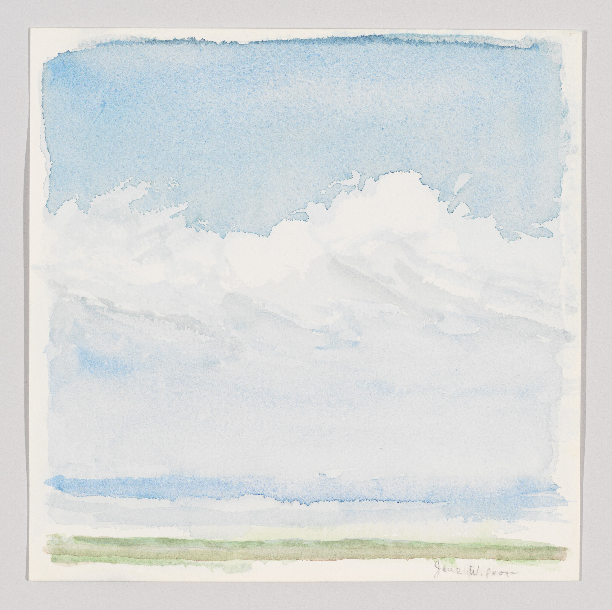 Soft watercolor painting showing a pale blue sky with white clouds above a thin green horizon.