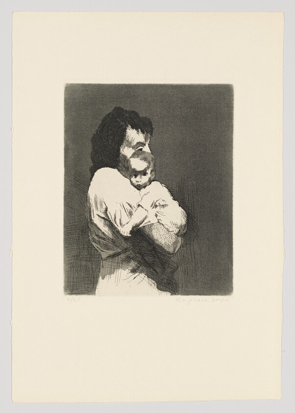 A black and white etching of a tender moment between a mother and child, with the mother embracing the child closely to her chest. The artwork is signed by the artist in the lower right corner and is numbered on the lower left, indicating it's part of a limited series. The image is centered on a cream-colored paper with ample borders.