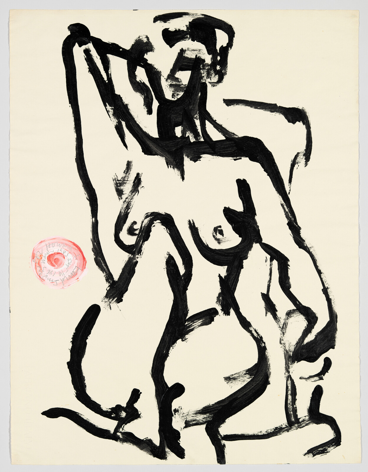 Loose black brushstrokes depict a seated nude figure with a pink circular mark on the paper.