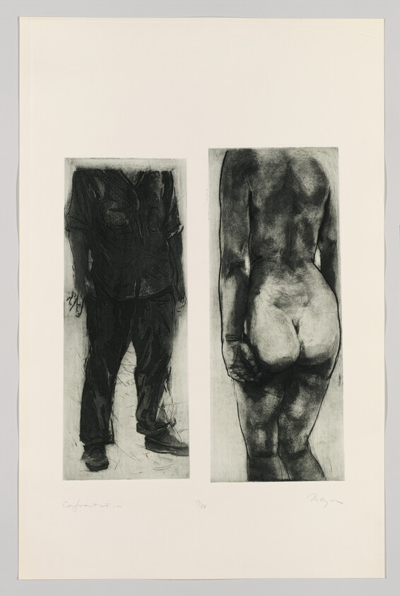 Two vertical charcoal figures side by side, one clothed male standing and one nude rear view.