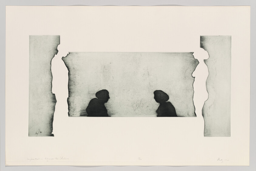 Two seated silhouetted figures face each other inside a rectangular panel framed by standing cutout profiles.