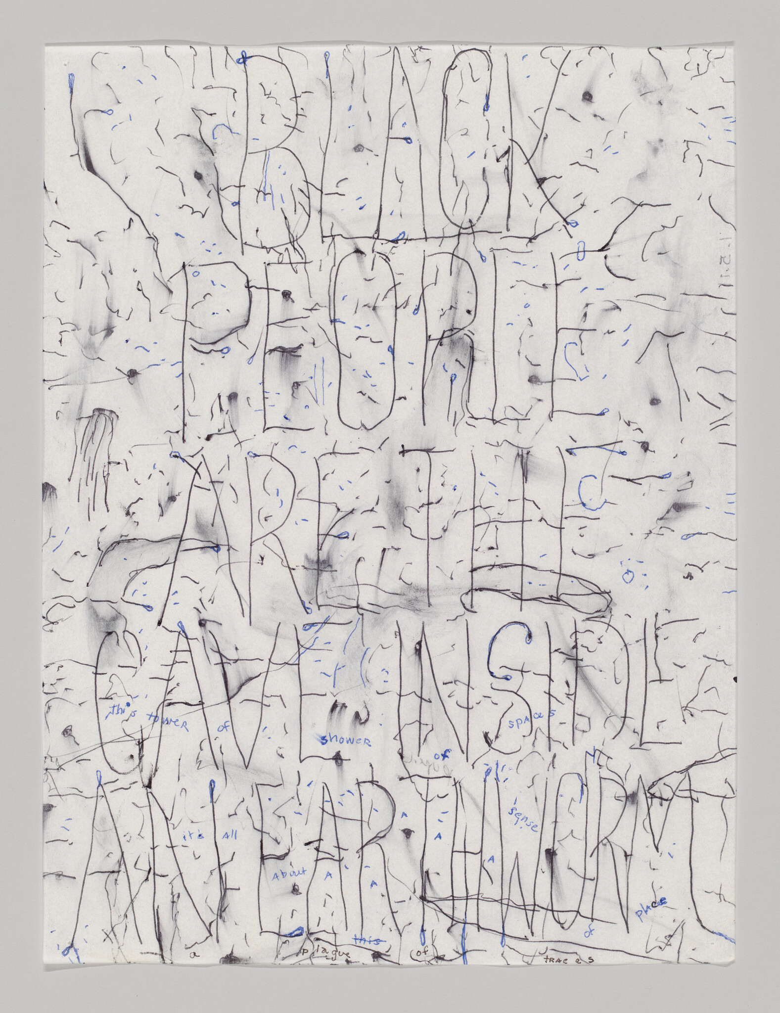 Large hand-drawn block letters fill a wrinkled sheet with small blue handwritten notes.