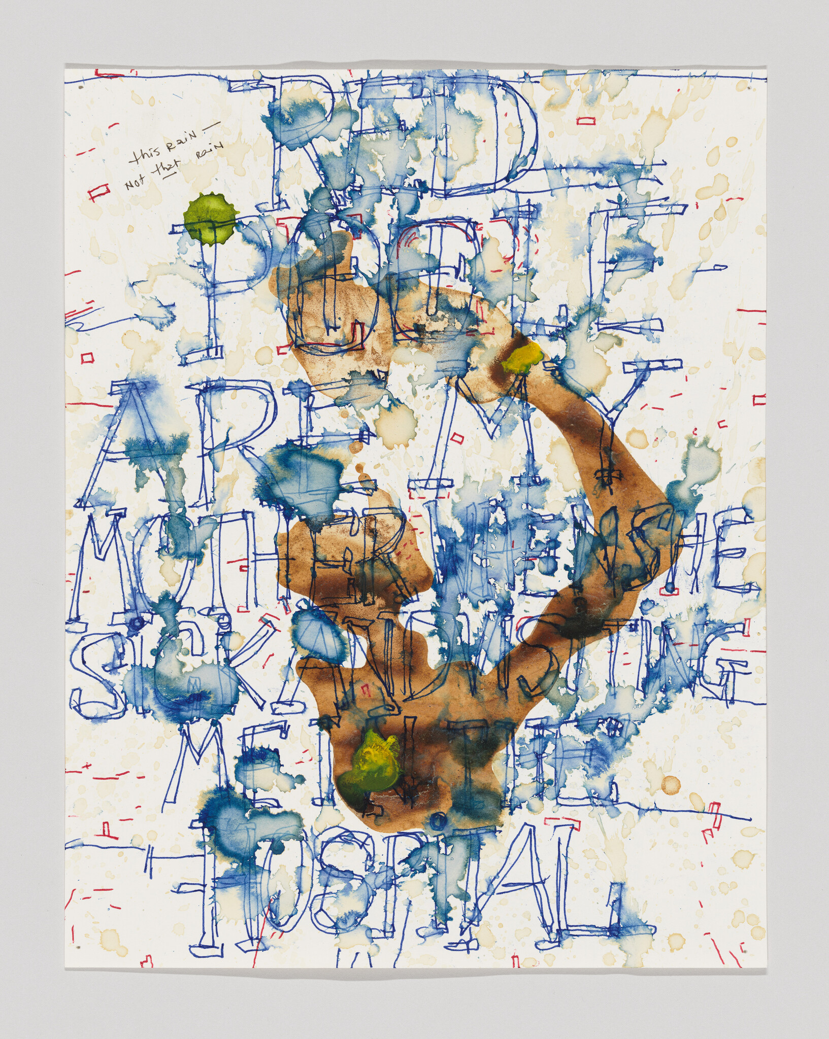 Brown torso silhouette painted with blue outlined letters and watercolor splatters across the paper.