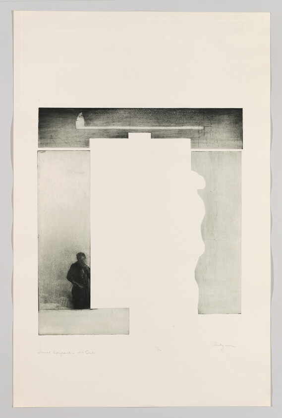 A solitary figure stands in a dim rectangular frame beside a large blank white central cutout.
