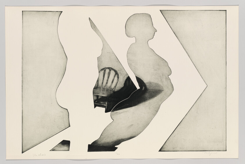 Silhouetted seated figure formed by cutout shapes with a wooden chair visible inside.