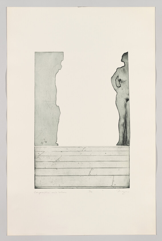 A standing nude statue silhouette at the right edge beside a rectangular textured opening.