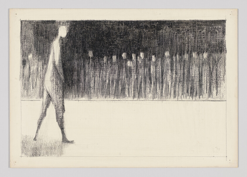 A lone figure walks across an empty foreground while a crowd of shadowy figures watches.