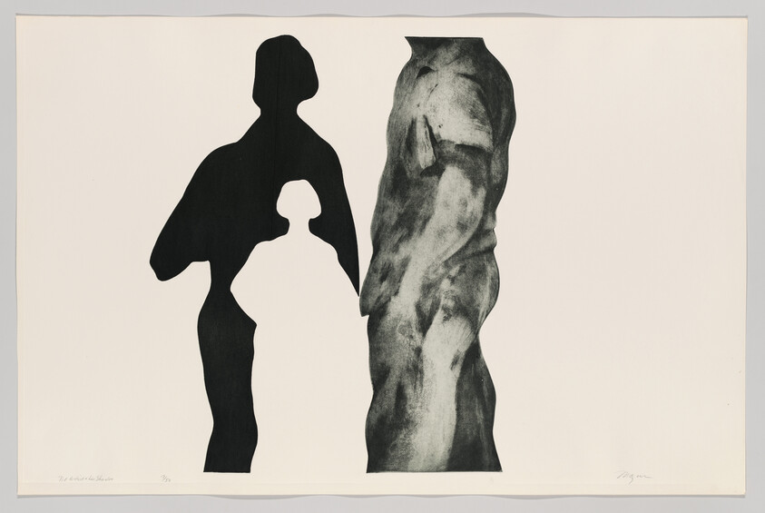 Two vertical abstract figures stand side by side, one dark silhouette with a child-shaped cutout.