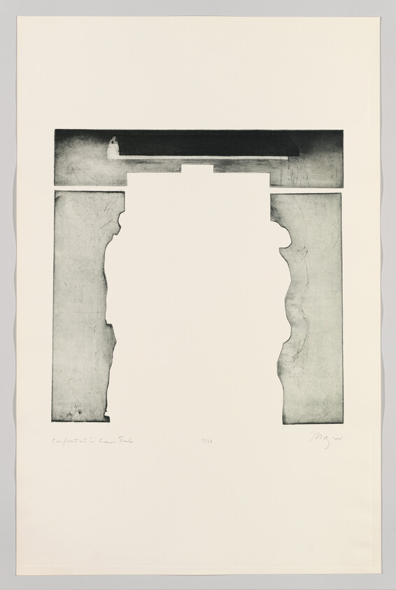 A large abstract doorway silhouette with textured dark gray borders on a white background.