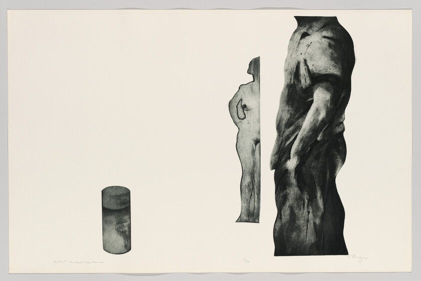 Headless male torso sculpture stands beside a smaller nude figure silhouette and a short cylindrical object.