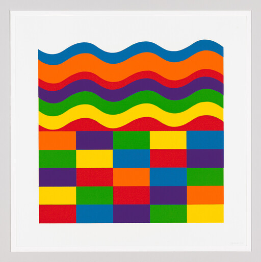 Bright abstract artwork with colorful wavy bands across the top and a multicolored checkerboard below.