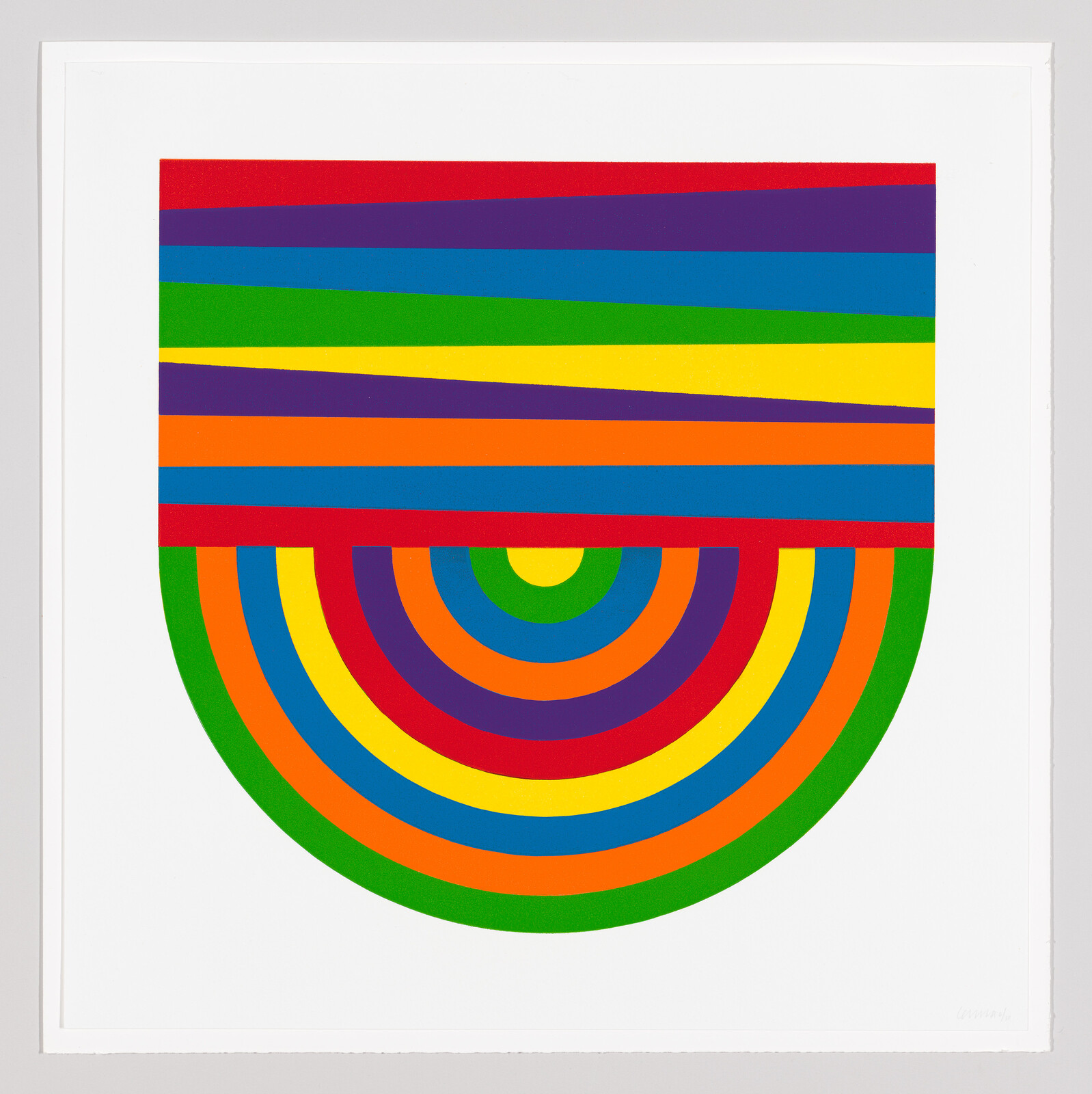 A colorful geometric artwork featuring a series of concentric circles in a rainbow of colors transitioning into horizontal stripes against a white background, all contained within a square frame.