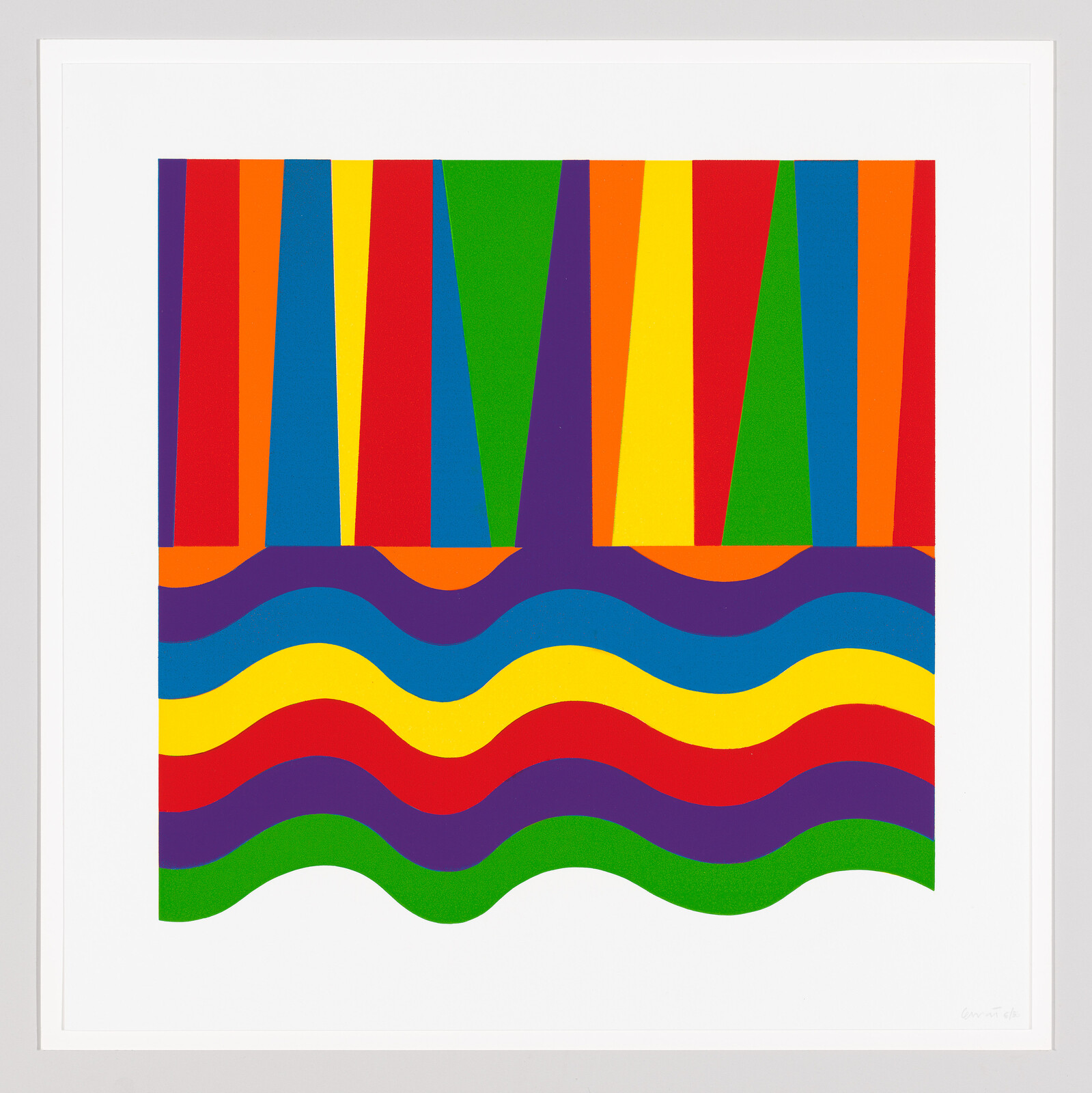 A vibrant graphic artwork featuring vertical stripes in various colors such as red, orange, yellow, green, and blue at the top, transitioning into wavy horizontal bands in similar colors at the bottom, all framed in white.