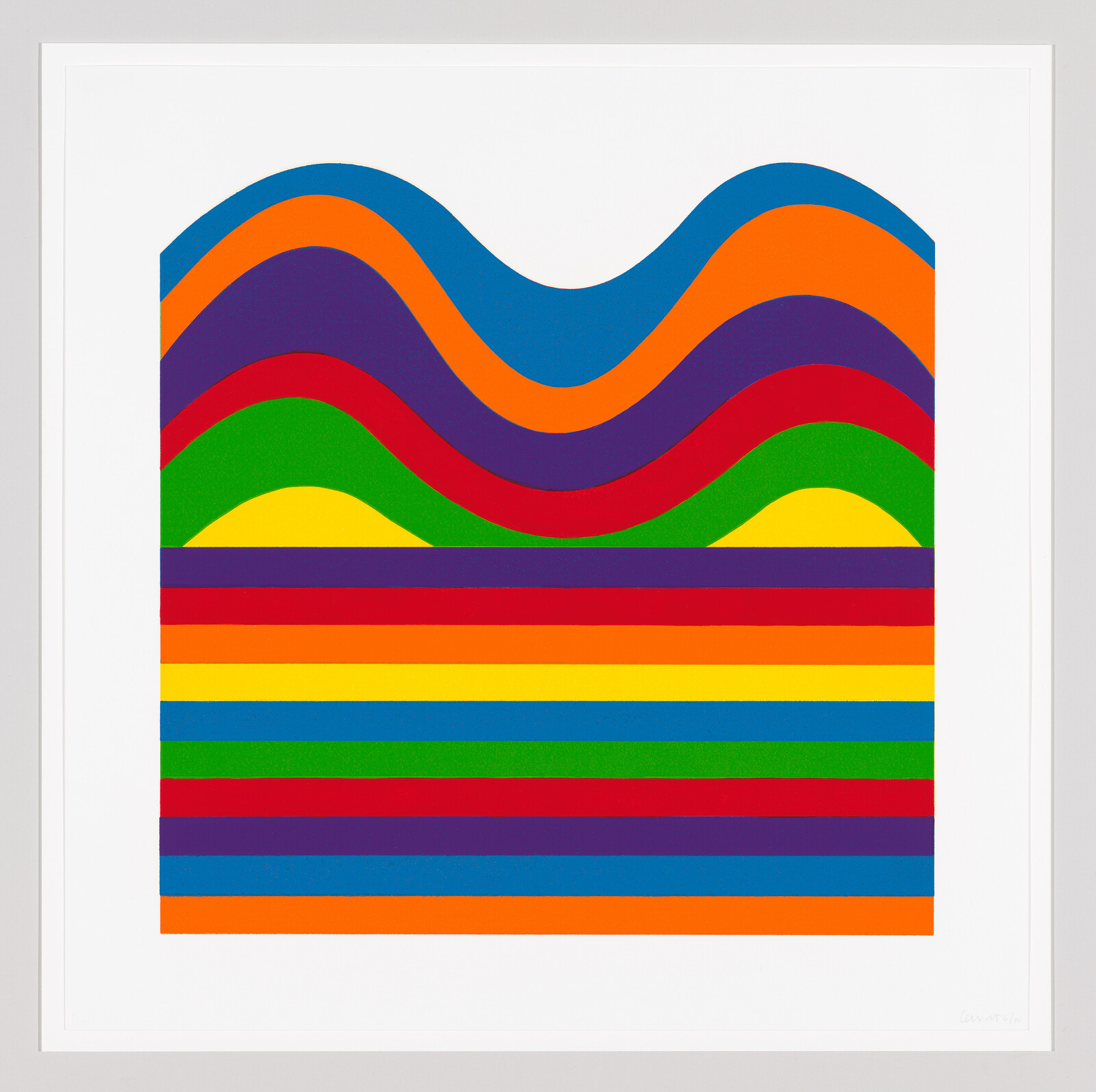 A colorful abstract artwork featuring a series of horizontal stripes in various colors creating a wavy pattern at the top, framed with a white border and signed at the bottom right corner.