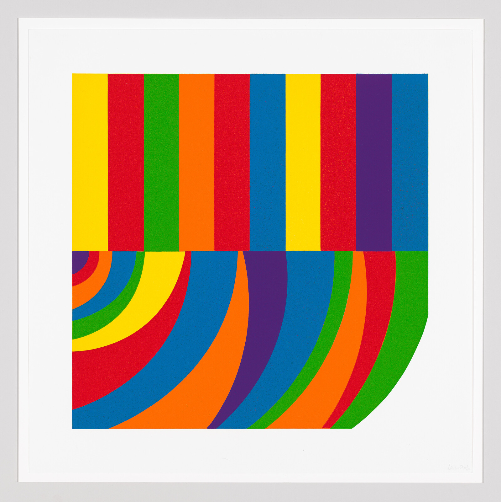 A vibrant geometric artwork featuring a square divided into two sections: the top half displays vertical stripes in a rainbow of colors, while the bottom half shows the same colors curving into concentric circles, creating a visual effect of a bending space. The piece is framed and appears to be a print.