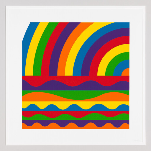 Bright geometric artwork with rainbow arcs across the top and multicolored wavy horizontal stripes below.