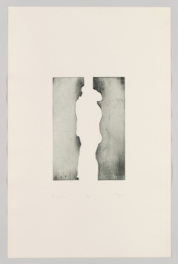 Central vertical silhouette carved between two textured panels, creating a narrow human-shaped negative space.