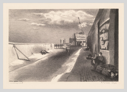 Several people sleep along a deserted industrial street beside a brick wall under a cloudy sky.