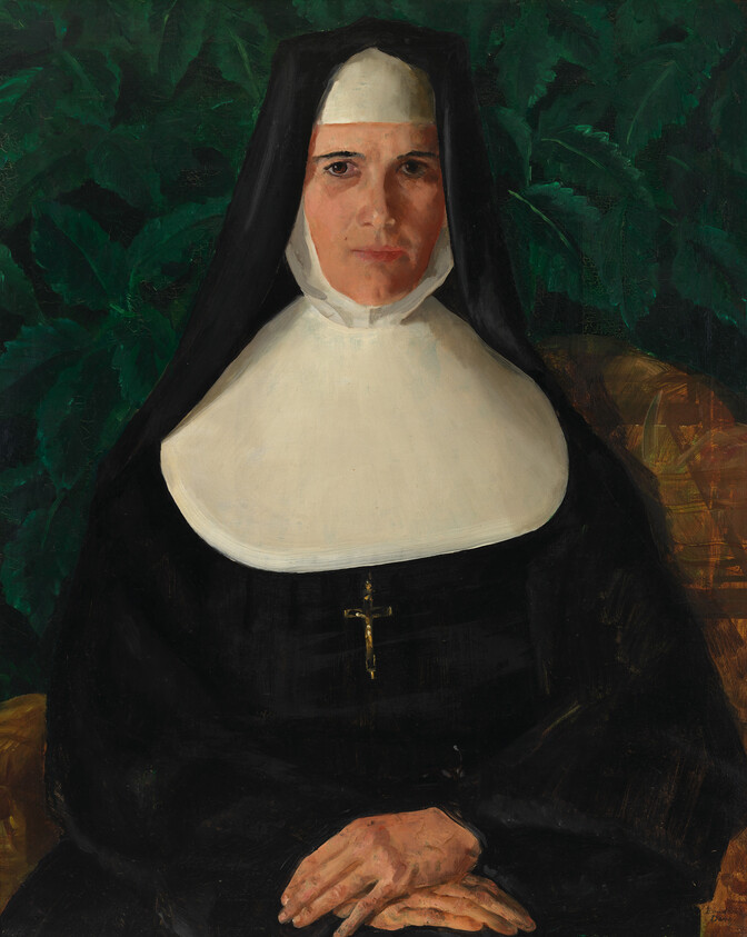 Oil painting of a nun in traditional habit with a white wimple and black veil, seated with hands clasped in front, against a backdrop of lush green foliage. A small crucifix hangs from her waist.