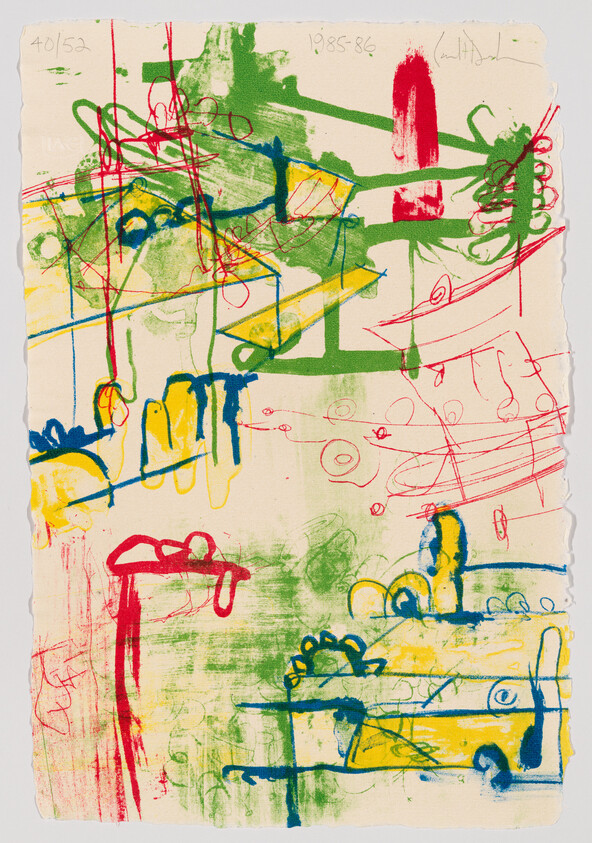 Abstract colorful scribbles and brushstrokes in green, red, yellow, and blue across torn paper.