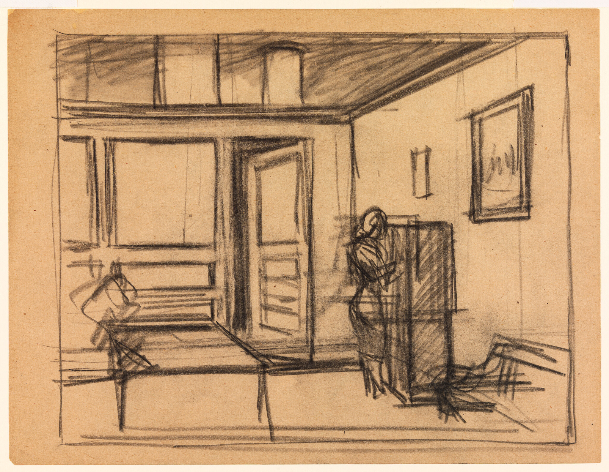 A sketch on brown paper depicting an interior scene with rough charcoal lines. The drawing shows a room with an open door on the left, a framed picture on the right wall, and a figure standing in front of a chest of drawers or a closed door. The perspective is slightly skewed, and the lines are expressive and dynamic, suggesting the artist's focus on composition and form rather than detail.