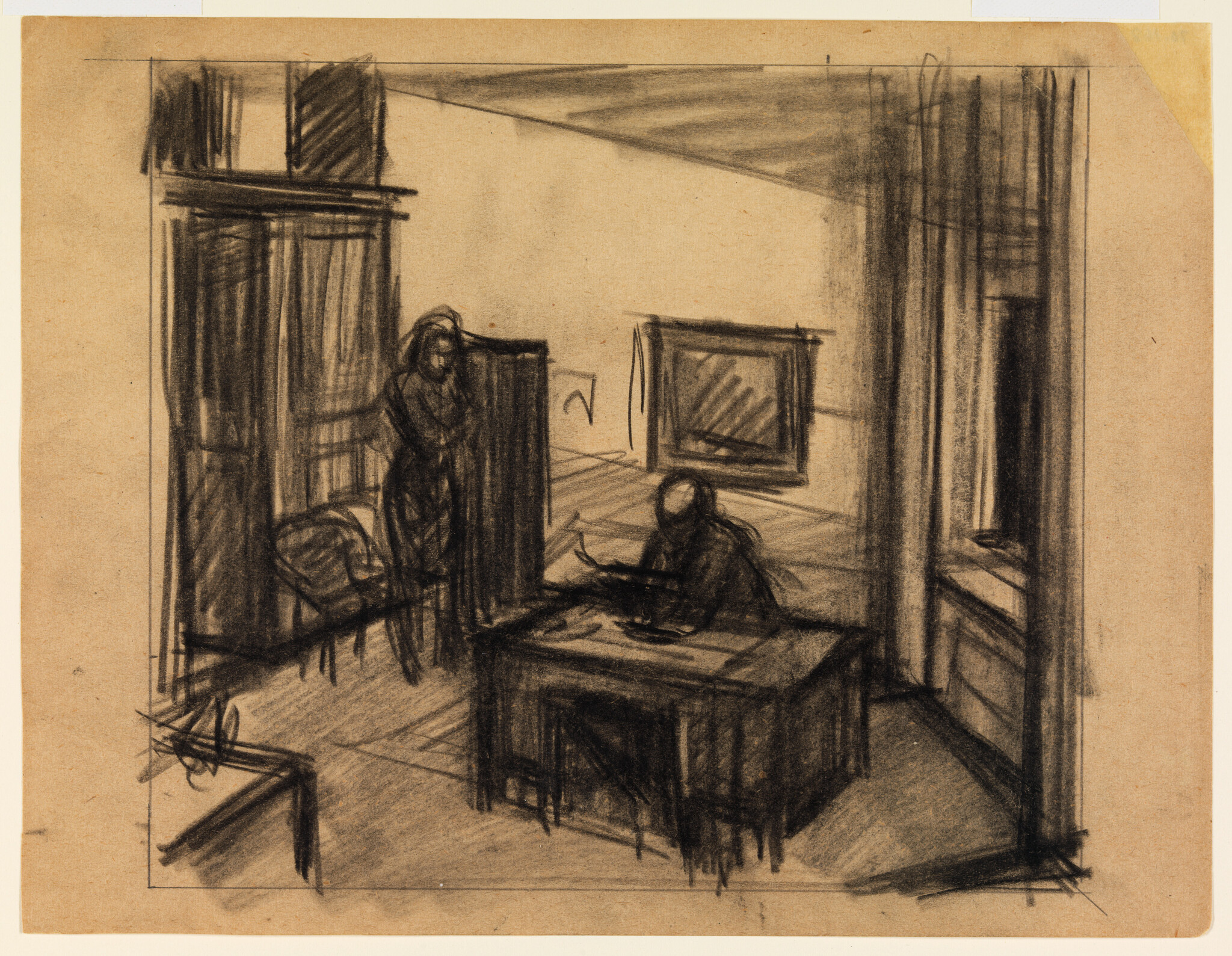 Sketch of an interior scene with two figures, one standing near a window with curtains and the other seated at a desk, possibly writing or reading. The room features a chair, a framed picture on the wall, and a sense of depth created by the perspective lines on the floor and ceiling. The drawing is rendered in charcoal or pencil with a focus on light and shadow.