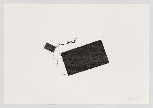A large black textured rectangle with scalloped edges and a smaller black shape on white paper.