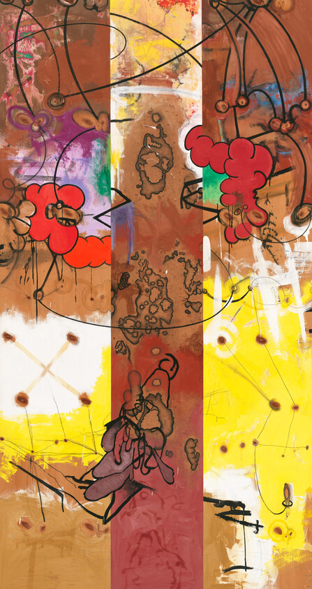 Abstract vertical panel painting with bold yellow and brown stripes, red cloud-like shapes, and looping black lines.