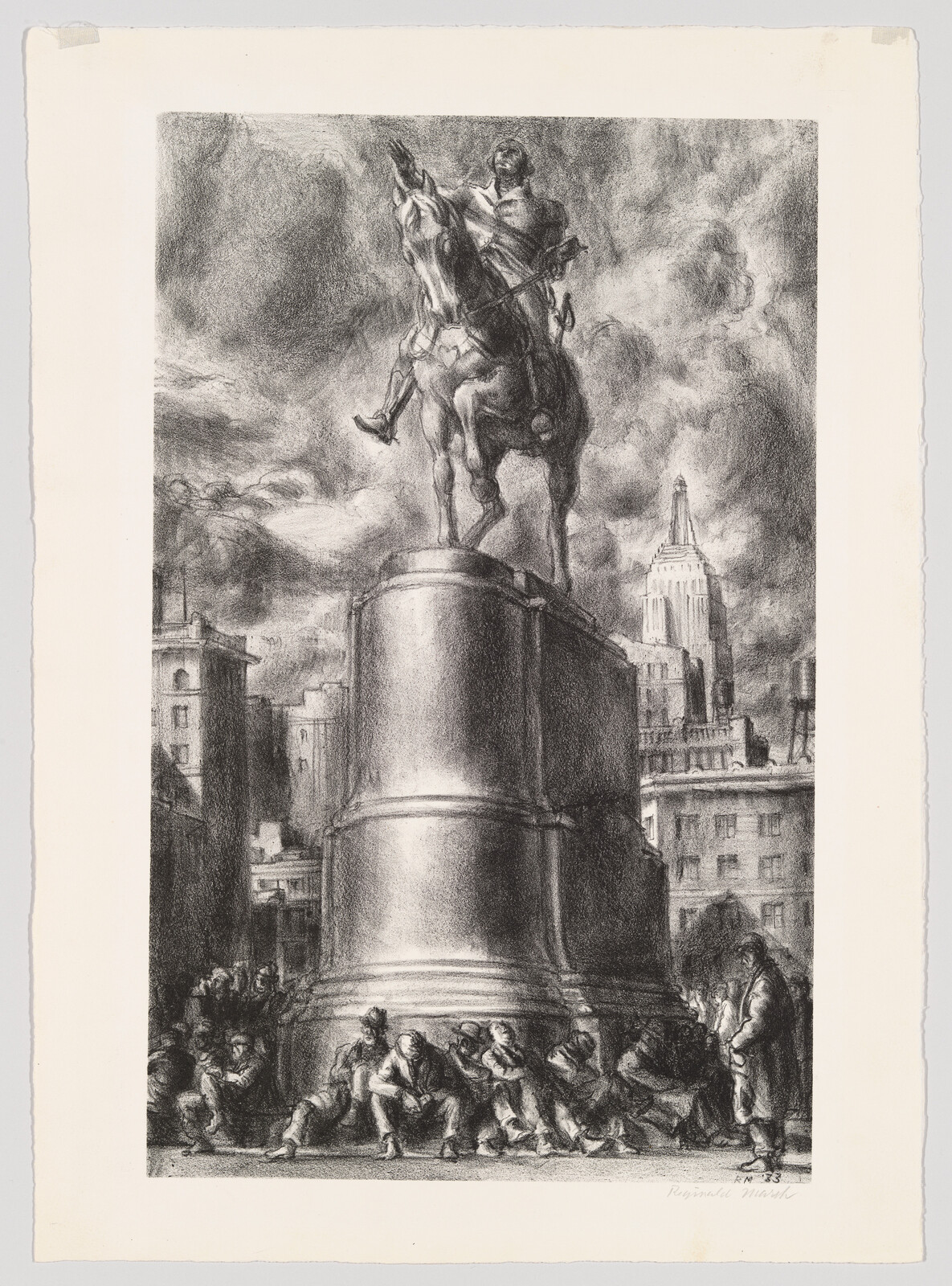 A large equestrian statue stands atop a massive bell-shaped pedestal while people rest below.
