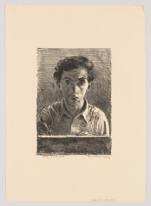 Charcoal portrait of a surprised young man staring directly ahead with hands resting on a dark ledge.