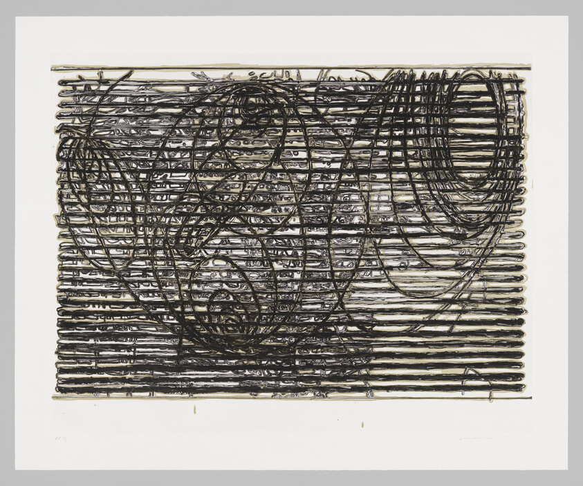 Dense black horizontal lines overlaid with looping circular scribbles forming an abstract pattern.