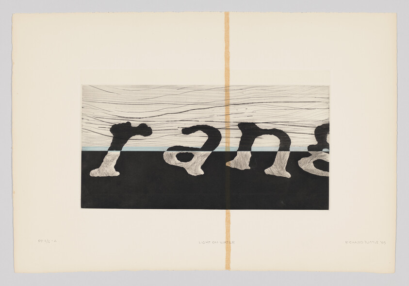 This is an image of an abstract artwork by Richard Tuttle titled "Light on Water." The piece features a central composition divided by a vertical fold line, with a series of irregular black shapes resembling letters or symbols floating on a dark horizontal band, which could represent water. Above this band, numerous fine, wavy lines suggest light reflecting on a water surface. The artwork is mounted on an off-white paper with the artist's name and the year '93 written on the bottom right, and the title of the piece written at the bottom center.