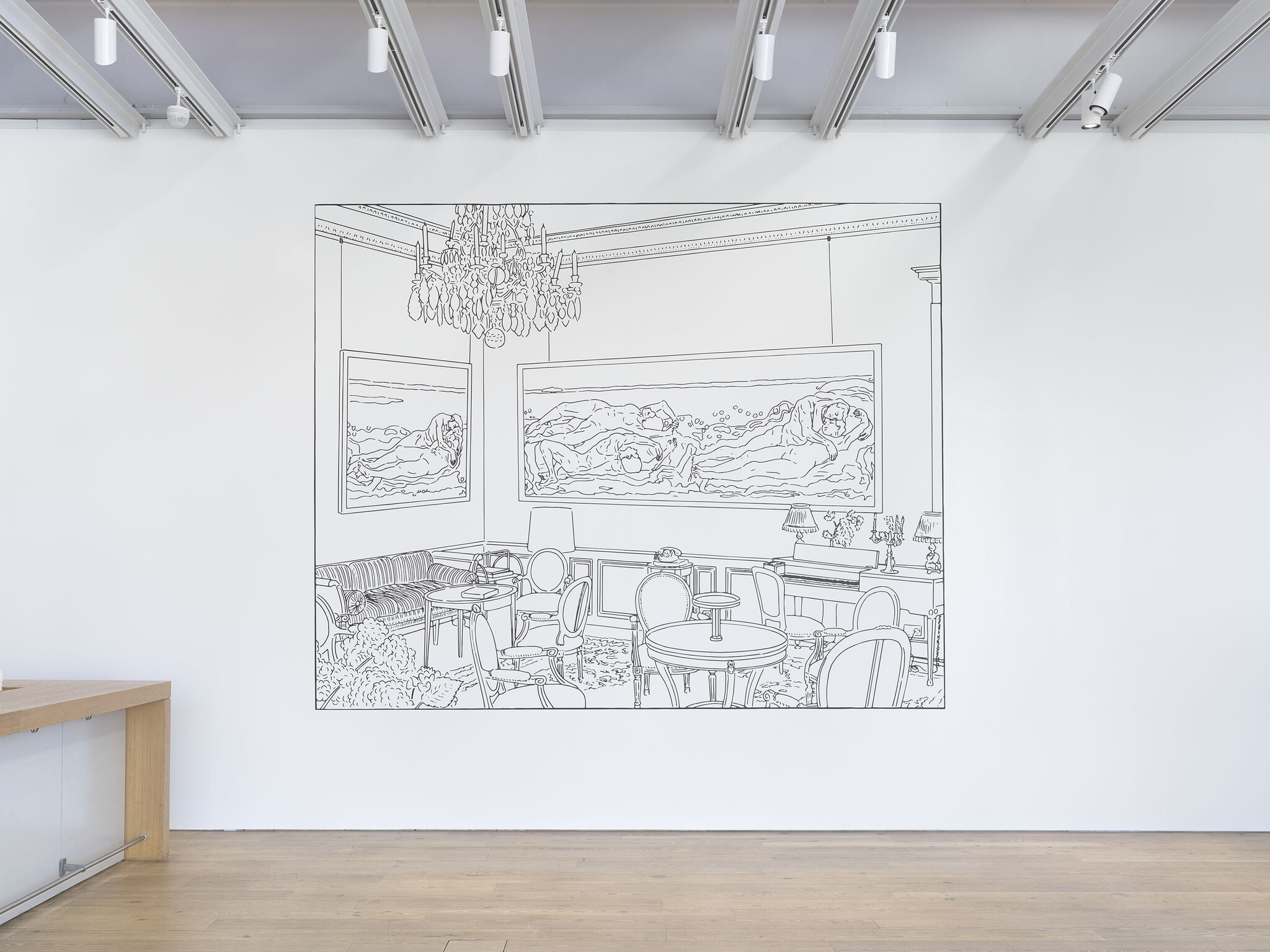 Large black line drawing of an elegant sitting room with chairs, tables, and chandelier on a white wall.