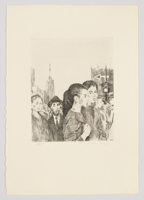 A black and white sketch on textured paper depicting a group of people with various expressions looking to the left. In the background, faint outlines of city buildings are visible. The artwork is signed at the bottom right.