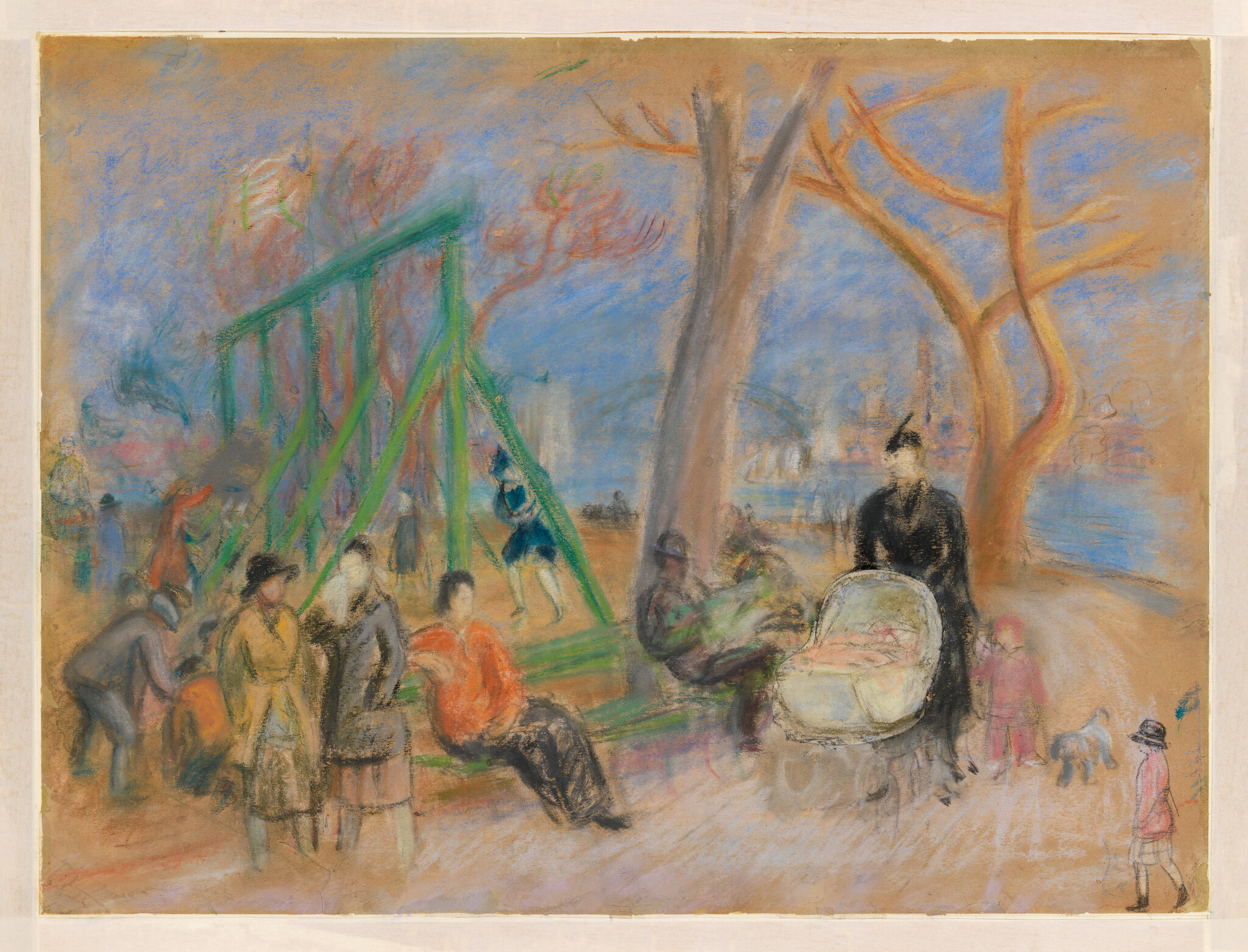 People gather in a park near swings while a woman pushes a baby carriage along a path.