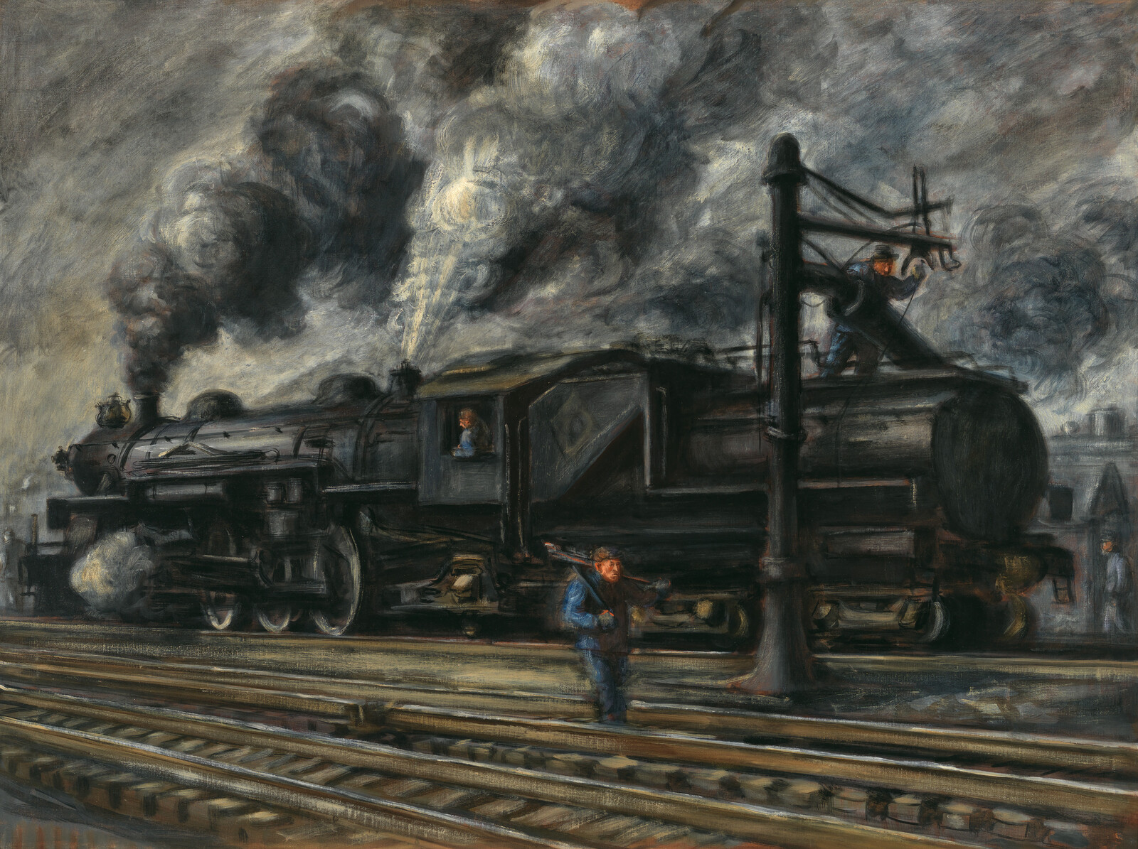 An impressionistic painting depicting a steam locomotive on the tracks, billowing dark smoke into the overcast sky. A railway worker stands in the foreground, while another figure is visible in the locomotive's cab. The atmosphere is industrial and moody, with a sense of motion and activity.