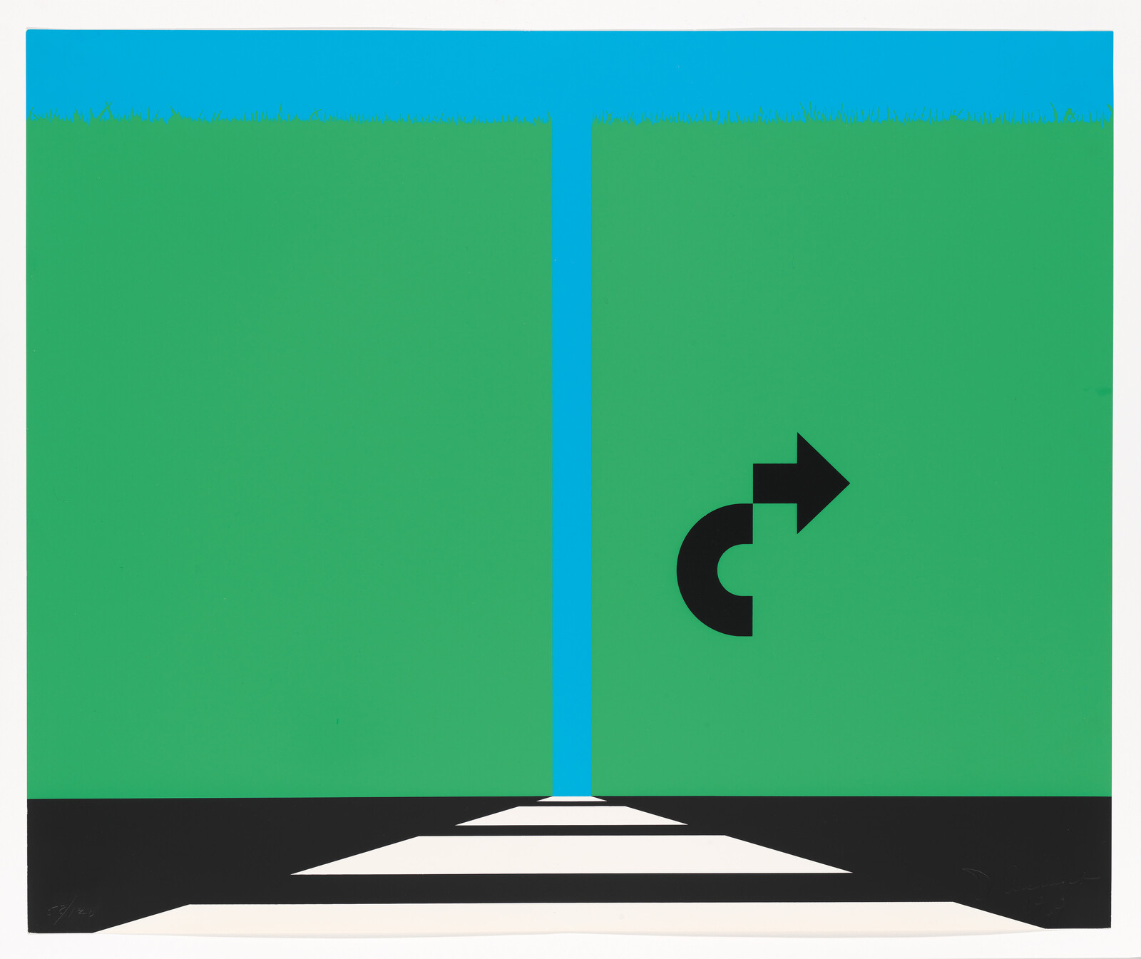 Crosswalk leading to a vertical blue gap with a curved right-turn arrow on a green background.