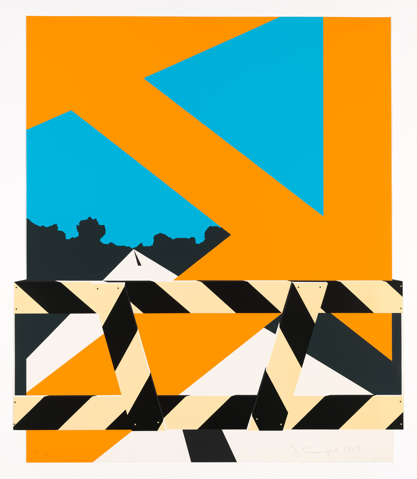 Bold orange and blue geometric shapes with black-and-cream striped barrier overlaying a silhouetted treeline.