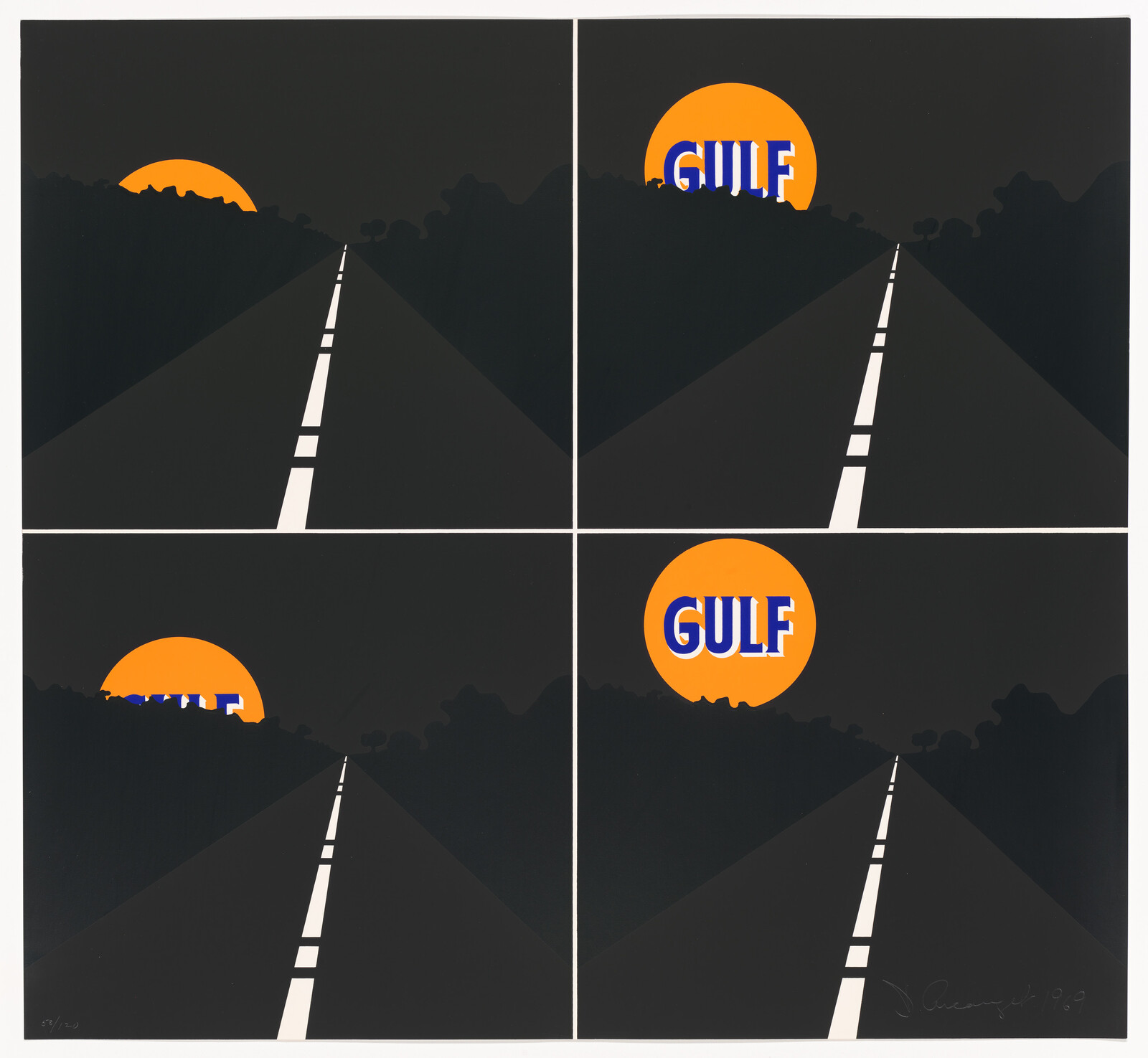Four-panel graphic of a dark road with an orange sun rising that reveals the word "GULF".